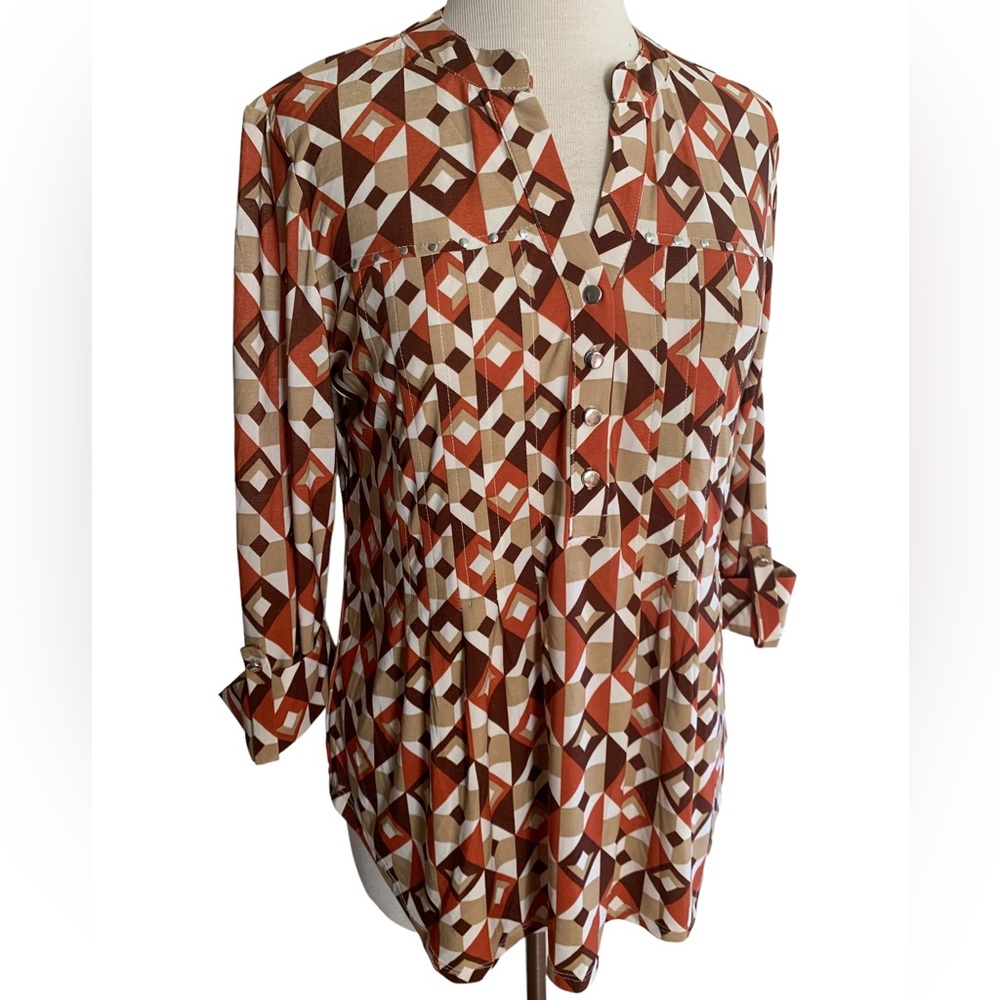 COCOMO Medium Brown Orange White 3/4 sleeve women's Pintuck Blouse top shirt - Picture 5 of 16